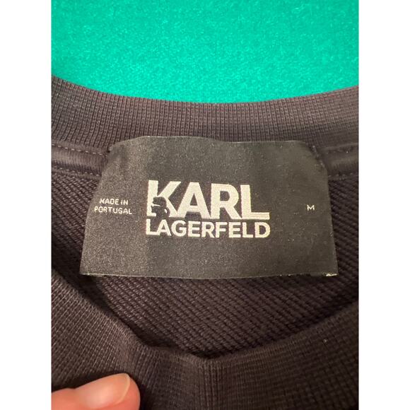 Black KARL LAGERFELD PARIS White Logo Sweater Dress Sz M Elbow cut outs - Picture 3 of 7